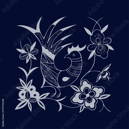 The image presents a stylized rooster silhouette surrounded by delicate floral designs, encapsulating a blend of nature, culture, and artistic expression in a vibrant and enchanting format.