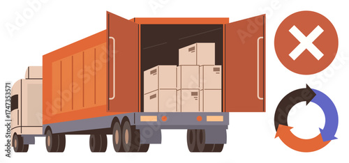 Truck loaded with cardboard boxes, circular recycling arrows, and rejection sign. Ideal for shipping, delivery, packaging, logistics, recycling, supply chain sustainable concept simple flat