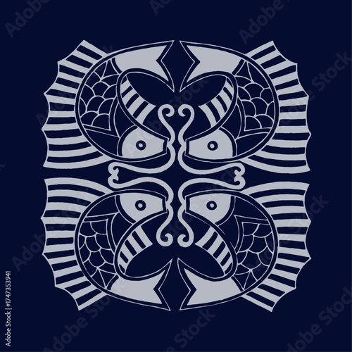 This artistic piece illustrates twin fish in a symmetrical design, symbolizing duality and balance, making a striking visual impression with its bold lines and patterns.