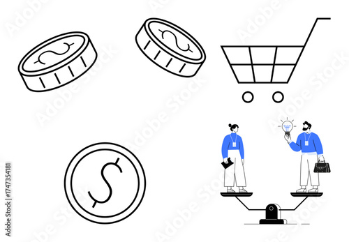 Stacked coins, shopping cart, and two individuals on a balance scale emphasizing finance, shopping, teamwork, and innovation. Ideal for business, cost management, trade-off analysis decision-making