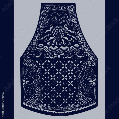 This decorative apron showcases ornate patterns and intricate motifs, celebrating craftsmanship and artistry, offering a unique blend of beauty for kitchen wear or display.
