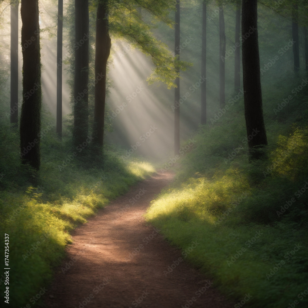 Obraz premium Forest trail with diffused light beams subtle haze photorealistic