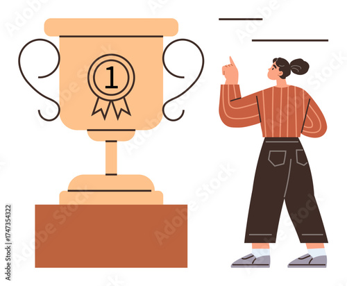 Woman gesturing toward a trophy with the number 1. Ideal for themes around success, leadership, competition, motivation, goal setting, ambition, recognition, simple flat metaphor