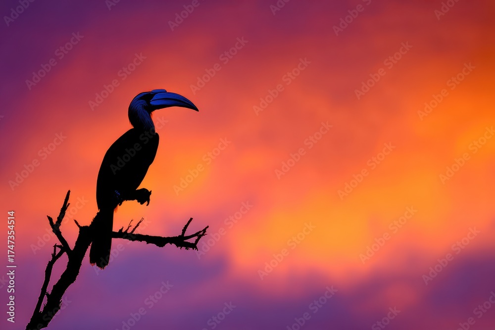 Obraz premium Silhouette of a Hornbill Perched on a Branch Against Sunset