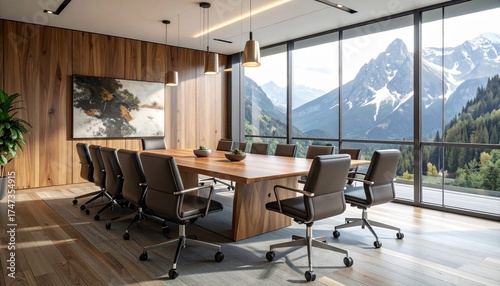 Conference Room with Mountain View,Modern Boardroom Interior Featuring Large Windows and Wood Paneling