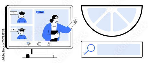 Teacher pointing while conducting an online class with students in video call. Includes a search bar, abstract elements. Ideal for education, e-learning, webinars, teaching, remote work, user