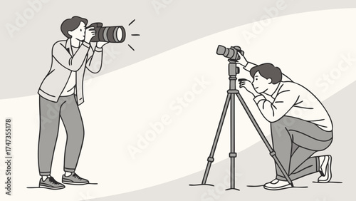 Illustration of two photographers one holding a camera and the other adjusting a camera on a tripod.
