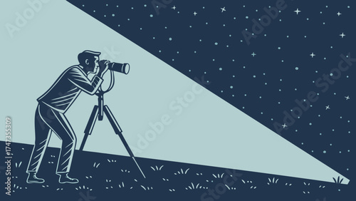 Night Photography Person with Camera on Tripod Under Starry Sky.