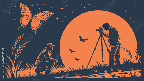 Night Photography Scene with Photographer and Butterflies.