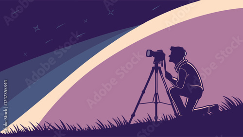 Night Photography Silhouette Photographer with Camera on Tripod Starry Sky Grass Landscape Illustration.