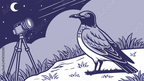 Night Photography Bird Wildlife Camera on Tripod Starry Sky Moonlit Scene Nature Illustration Vector Art Graphic Design Element Nocturnal Animal Birdwatching Wildlife Photography Dark.