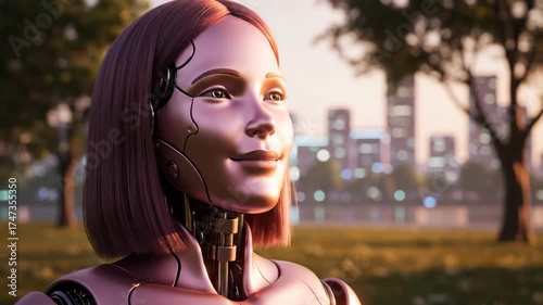 Portrait of a Smiling Humanoid Robot in a Natural Park Setting.