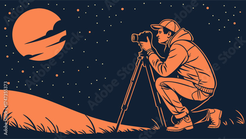 Night Photography Person with Camera on Tripod Moonlit Landscape Starry Sky Silhouette Illustration Artistic Design Outdoor Scene.
