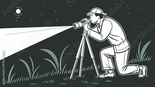 Night Photography Person Kneeling with Camera on Tripod Long Exposure Starry Sky Dark Background Nature Scene Wildlife Photography Grass Moon Vector Illustration Graphic Design Element.