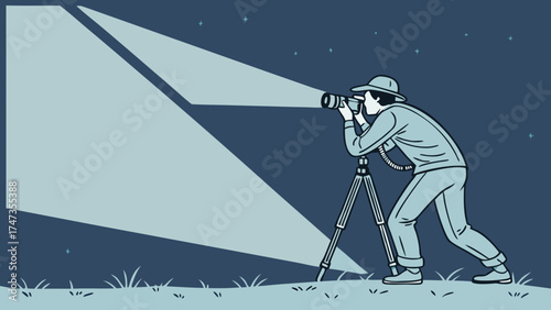 Night Photography Photographer with Camera on Tripod Dark Background Starry Night Creative Illustration Artistic Design Vector Graphic Nature Scene Nighttime Shoot Outdoor Activity Low.