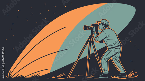 Night Photography Photographer with Camera on Tripod Starry Sky Background Artistic Illustration.