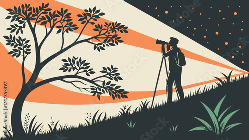 Night Photography Silhouette of Photographer with Camera on Tripod Nature Scene Starry Sky Artistic Illustration.