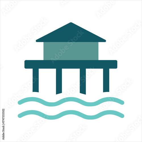 Minimalist Illustration of a Coastal House on Stilts with Water Waves beneath offering a serene and simple design for digital and print media projects promoting coastal living and tourism