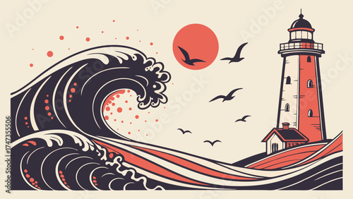 Ocean Wave Crashing Near Lighthouse Vintage Style Illustration.