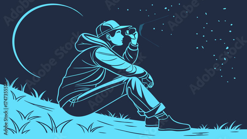 Nighttime Silhouette of Person Observing Stars with Binoculars.