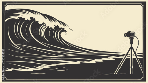 Ocean Wave Photography Camera on Tripod Monochrome Design Coastal Scene Artistic Illustration Nature Surf Graphic Vintage Style Black and White Water Wave Crashing Beach Sea Ocean.