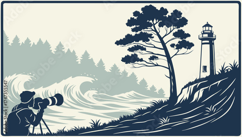Ocean Waves Crashing on Rocky Coastline with Lighthouse and Photographer Silhouette Illustration.