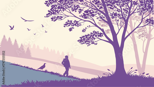 Peaceful Nature Scene Silhouette of Person Hiking in Serene Landscape with Birds and Trees.