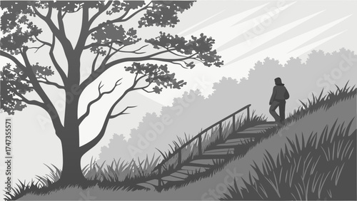 Person walking up a staircase in a serene nature scene grayscale illustration peaceful outdoor landscape tranquil hike.