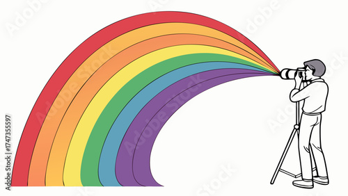 Photographer capturing a vibrant rainbow with a telephoto lens on a tripod.