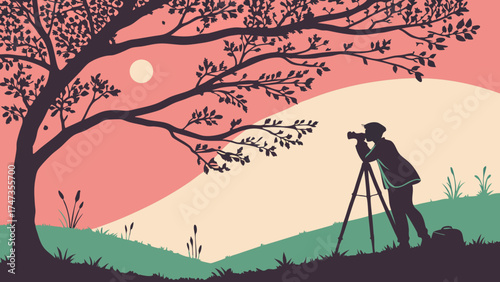 Photographer Silhouette Capturing Sunset Landscape with Tripod and Camera.