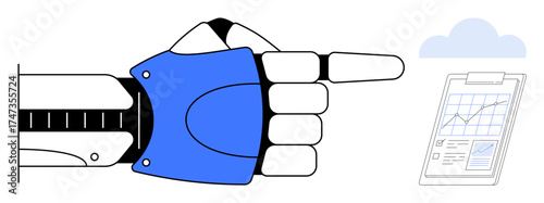 Robotic hand in blue highlights analysis by pointing at a data chart stored on the cloud. Ideal for technology, AI, automation, innovation, analytics, digital transformation, simple flat metaphor
