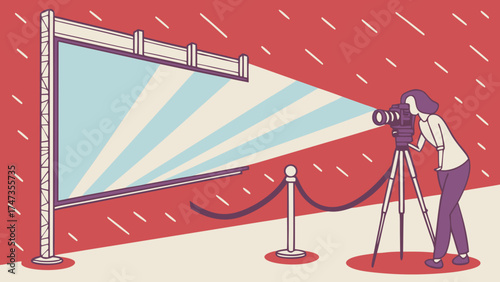 Photographer taking a picture of a large blank billboard on a tripod rain background vector illustration graphic design.