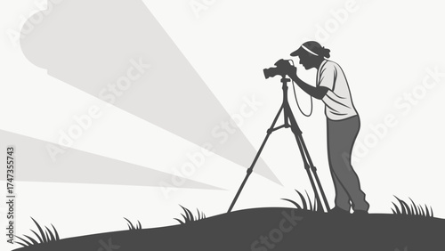 Photographer taking a picture with a tripod on a hillside silhouette style illustration.