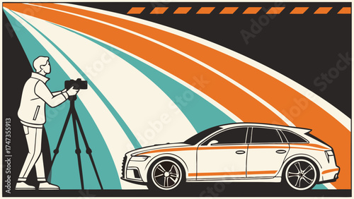 Photographer taking picture of a car with a tripod retro style illustration automotive photography car shoot graphic design.