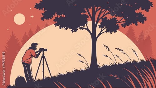 Photographer taking pictures in nature at sunset silhouette style illustration.