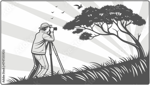 Photographer taking pictures in nature with tripod and camera.