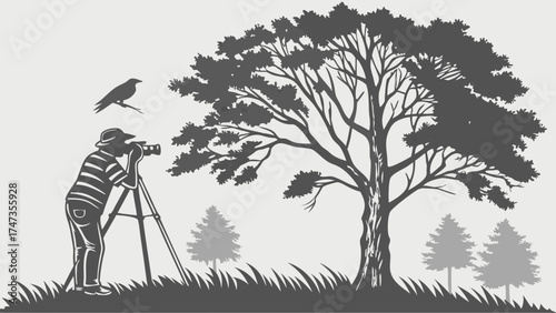 Photographer taking pictures of nature bird on tree branch wildlife photography outdoor scene vector illustration.
