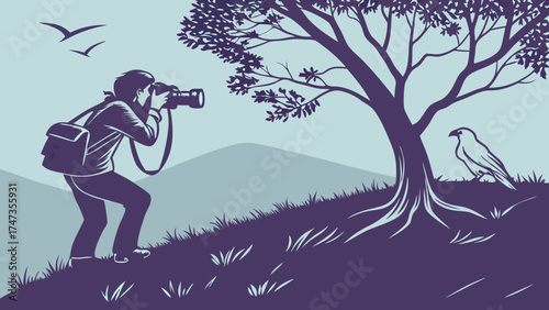 Photographer taking pictures of nature birds and landscape.