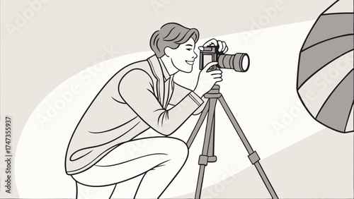 Photographer taking pictures with camera on tripod studio lighting illustration.