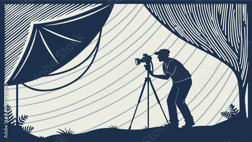 Photographer using a camera on a tripod stylized illustration graphic design element.