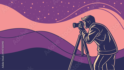 Photographer using a tripod and DSLR camera in nature capturing landscape.