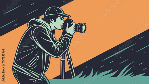 Photographer using DSLR camera on tripod nature photography outdoor photoshoot vector illustration graphic design.