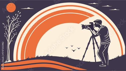 Photographer using DSLR camera on a tripod in nature landscape with rainbow arch birds and sun.