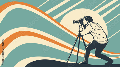 Photographer using tripod retro style illustration vintage camera abstract background.