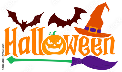 Halloween word art with witch hat, flying bats, pumpkin face in letter O and purple broomstick