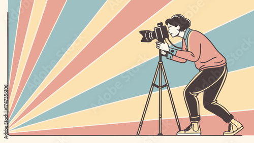 Photographer with DSLR Camera on Tripod Retro Style Illustration.