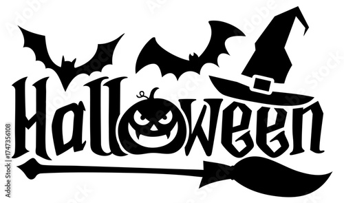 Halloween word with witch hat, broom, pumpkin face in letter O and flying bats