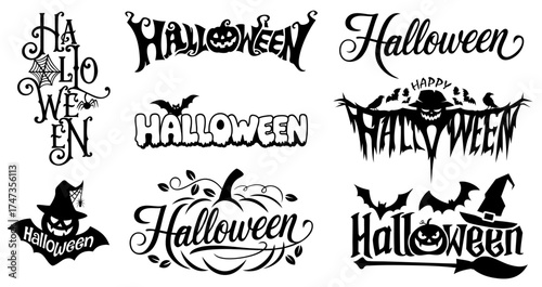 Black Halloween lettering set with pumpkins, bats, spiderwebs and witches — perfect for spooky cards, posters and decorations on October 31.