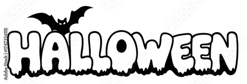 Halloween word with dripping ghost-style letters and bat silhouette above