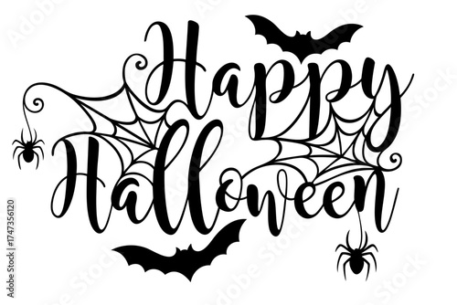 Happy Halloween calligraphy with bats, cobwebs and hanging spiders in black silhouette
